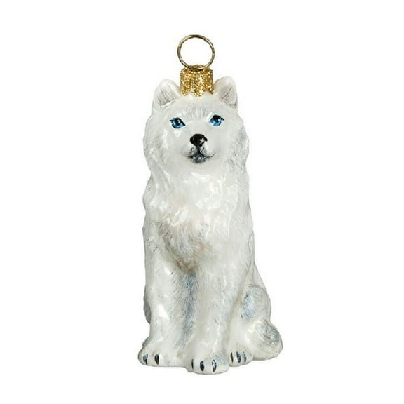 White Siberian Husky with Blue Eyes Dog Polish Blown Glass Christmas Ornament