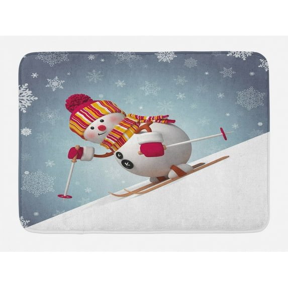Snowman Bath Mat, Skiing Snowman in 3D Style with Ornate Snowflakes Winter Outdoors Activity Fun, Non-Slip Plush Mat Bathroom Kitchen Laundry Room Decor, 29.5 X 17.5 Inches, Multicolor, Ambesonne