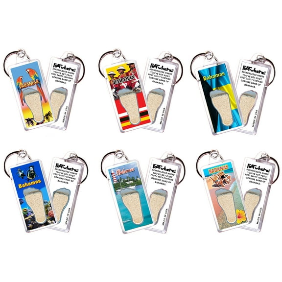 Bahamas FootWhere Souvenir Keychains. (BH100 - Assorted) 6 Piece Set.
