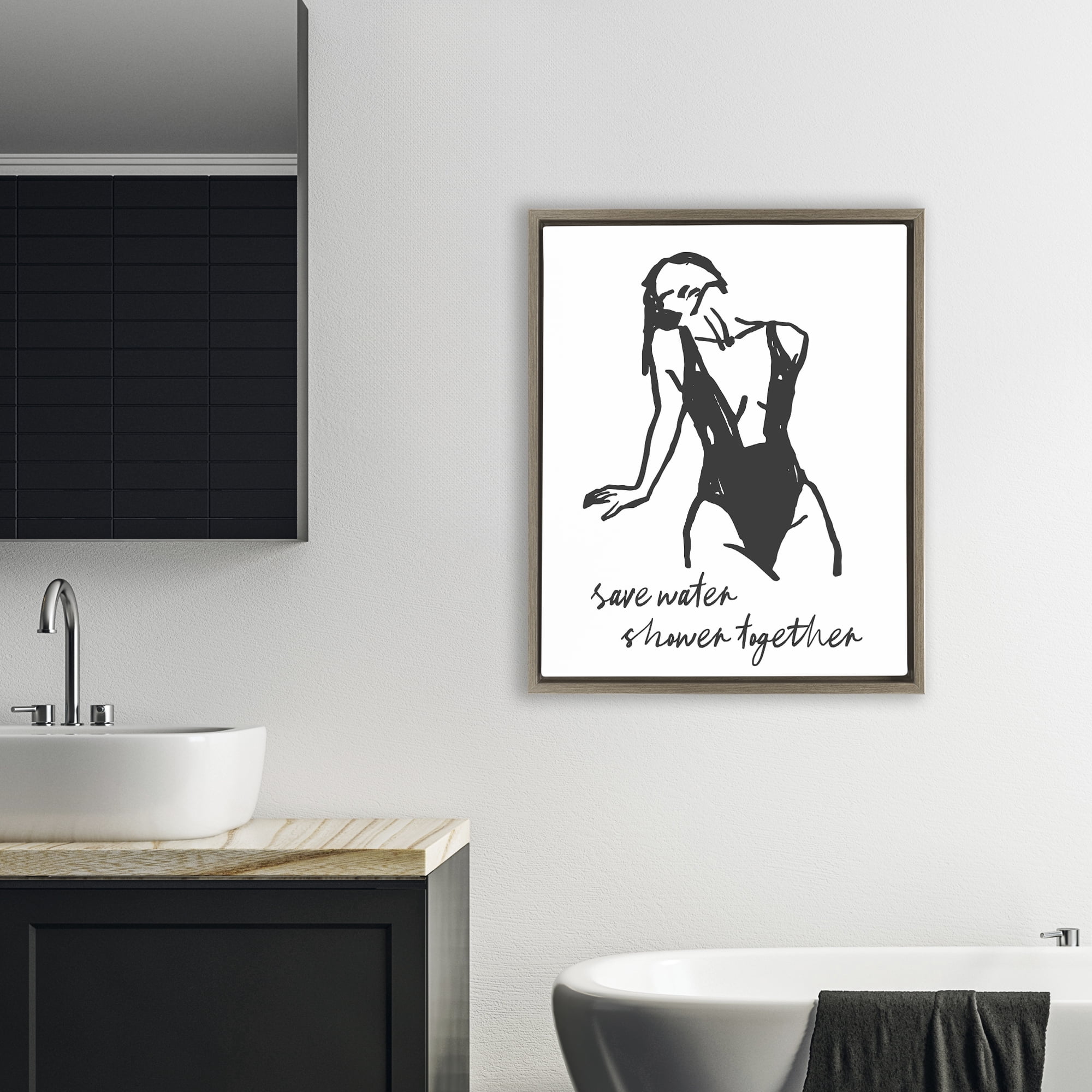 Stupell Industries Save Water Shower Together Brown Framed Floater Canvas Wall Art, design by Lettered and Lined