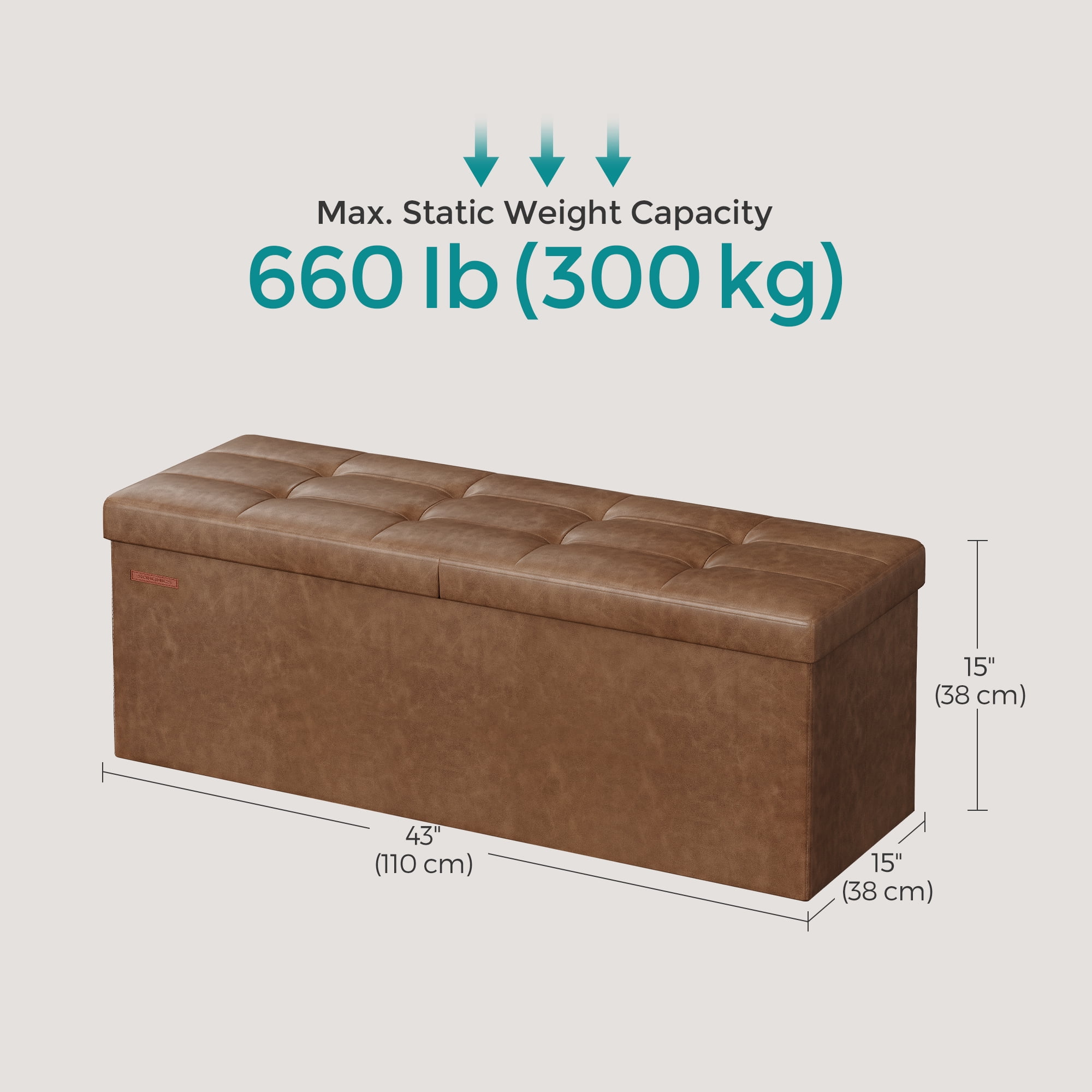 LEDREM Foding Storage Ottoman Bench, 43" Ottoman with Storage, 660lb Capacity, Footrest & Footstool, for Bedroom Living Room Coffee Brown