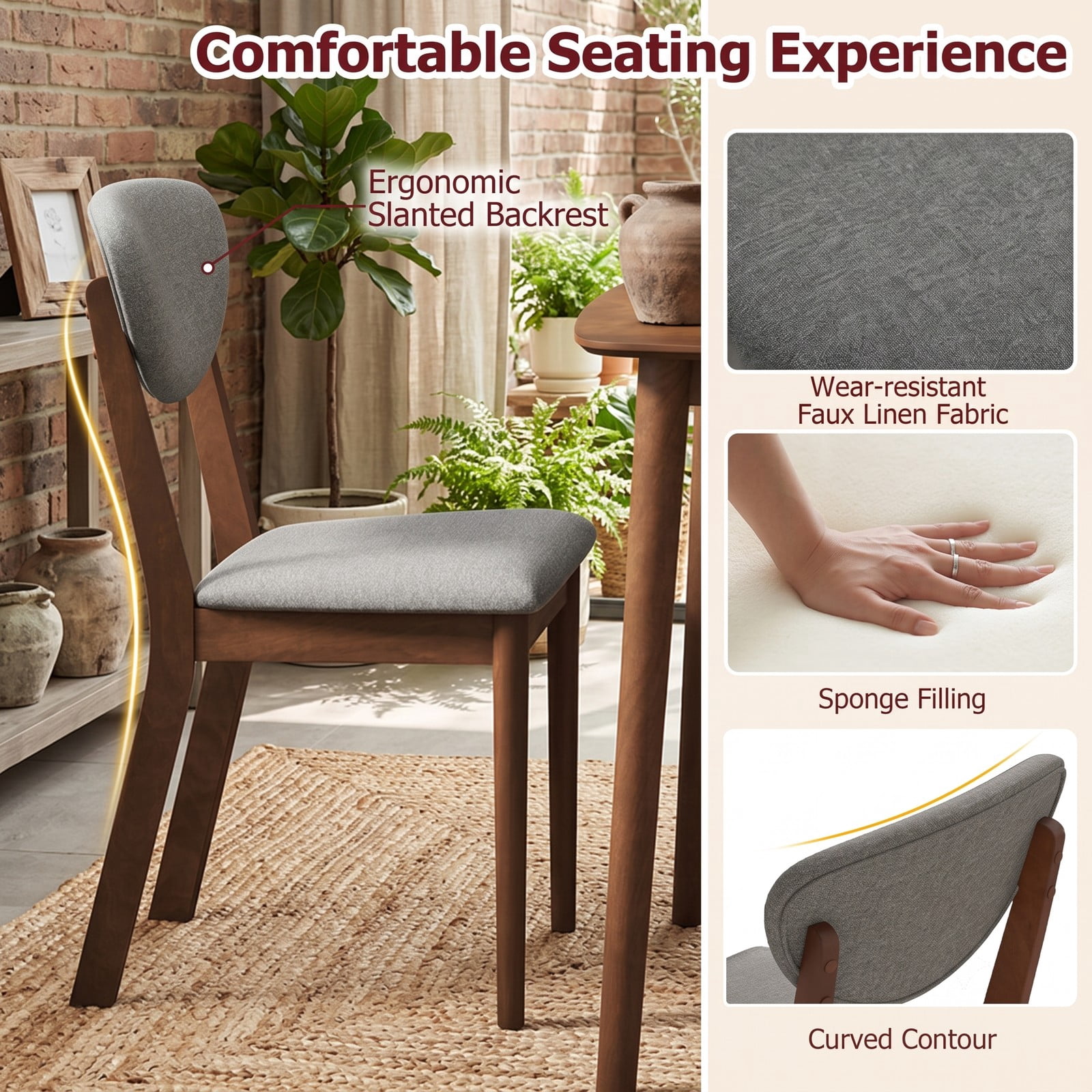 Furnibear Wooden Dining Chairs Set of 4, Upholstered Side Chairs with Cushioned Linen Seat and Curved Backrest, Solid Rubber Wood Frame, 330 lbs Capacity for, Gray