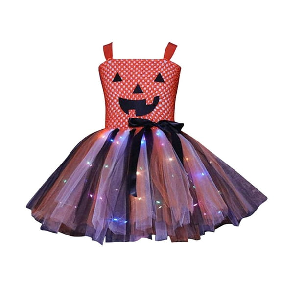 Shadoumai Girls Halloween Dress Tutu Costume With Led Lights Pumpkin Cosplay Party Outfit For Toddler Kids Festive Performance Holiday