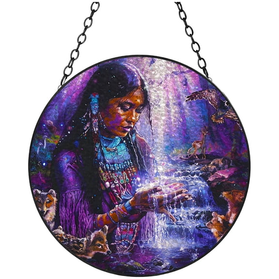 Natural Landscape American Native Indian Woman Stained Glass Suncatcher Handmade Window Hanging Colored Glass Suncatcher Crafts Kits for Indoor Garden Decor Memorial Gift 16x16cm(4)