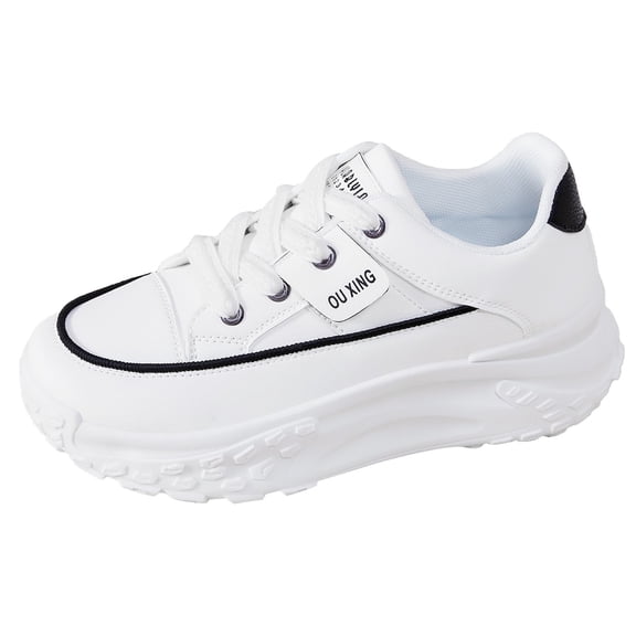 AUDeals Women’s Leather Platform Sneakers Thick Soled Chunky Lace Up Breathable Casual Trainers Non Slip Walking Dad Shoes (White, 7.5)