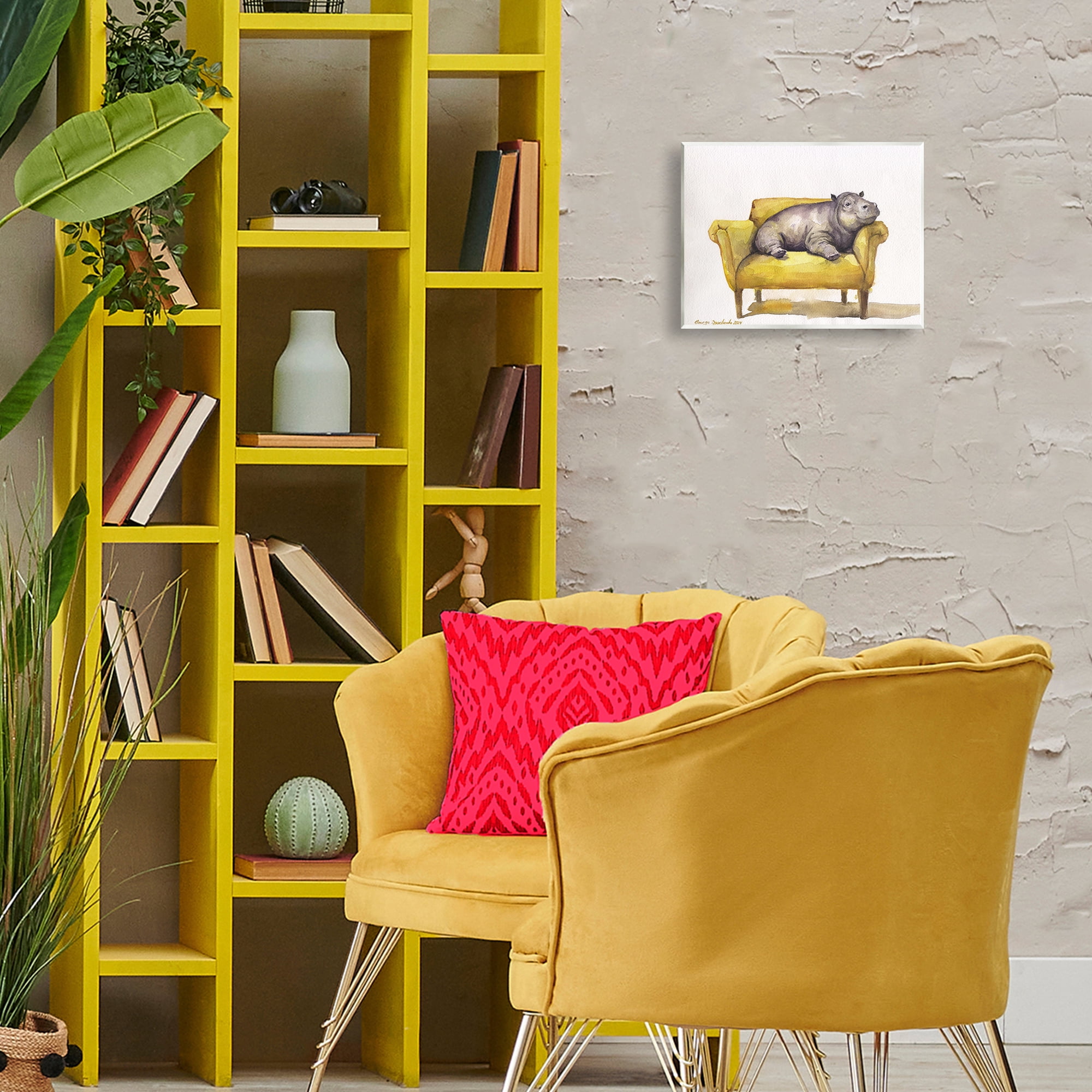 Stupell Industries Hippo on Yellow Chair Animals Painting Unframed Art Print Wall Art, 14 x 11