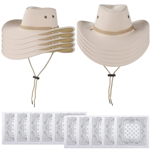 10 Sets Cowboy Hats & Bandanas, White Cowgirl Hats for Men Women, Adjustable Western Style Hats, Costume Accessories for Outdoor Activities and Parties