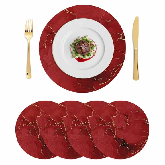 Red Marble Texture Round 15 Inch Placemats Set of 4, Vintage Minimalism Abstract Ombre Art HeatResistant Non Slip Place Mats for Dining Table, Wipeable Braided Kitchen Table Mats for Housewarming