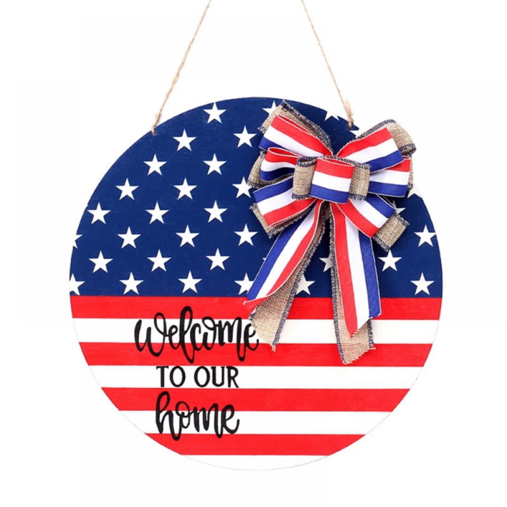4th of July Sign for Front Door , Round Wood Hanging Door Sign