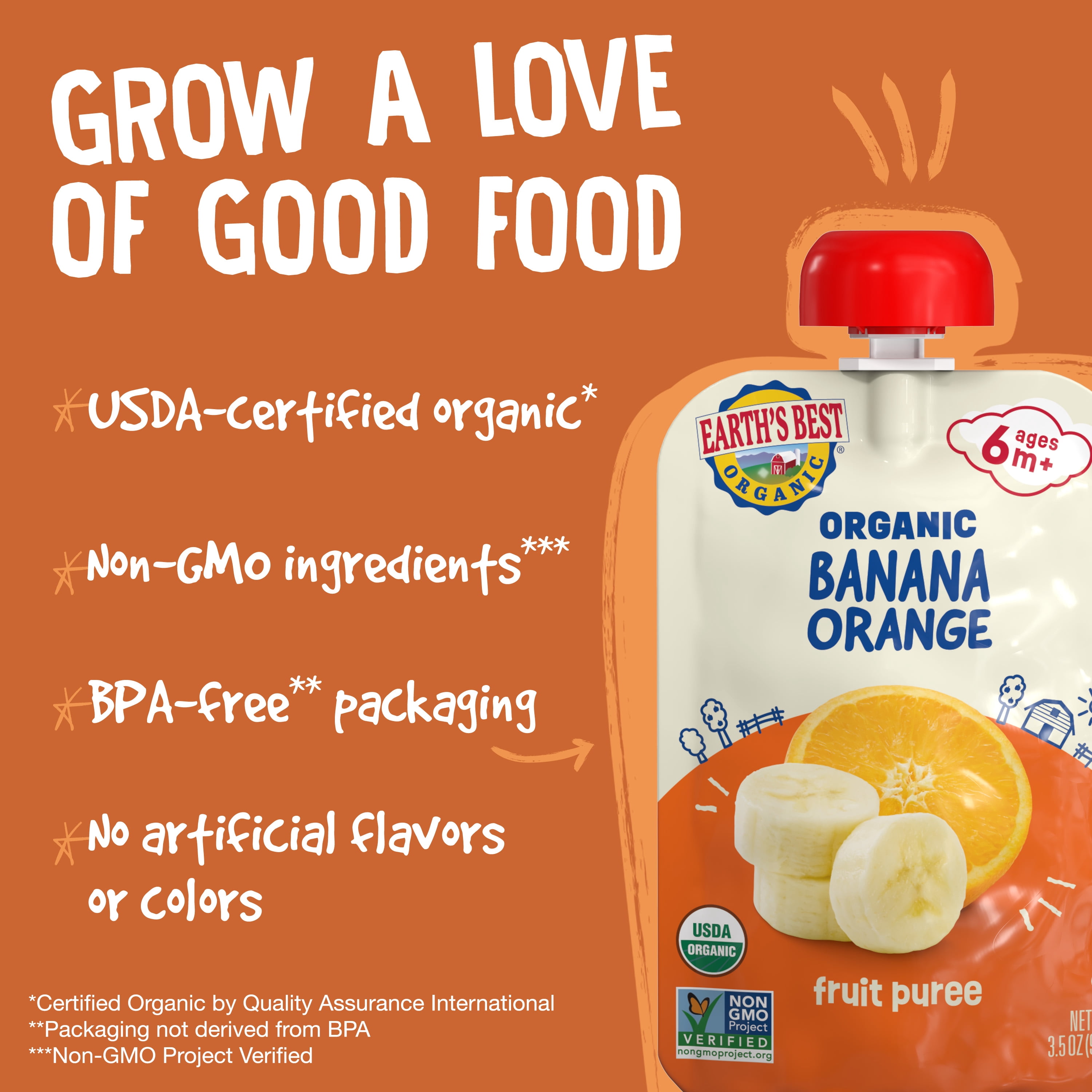 Earth's Best Organic Stage 2 Baby Food, Banana Orange Fruit Puree, 3.5 oz Pouch