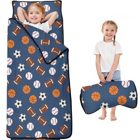 Football and Basketball Navy Pattern Teens Toddler Nap Mat with Pillow, Sleeping Mat Bag for Preschool Daycare 59"x22"