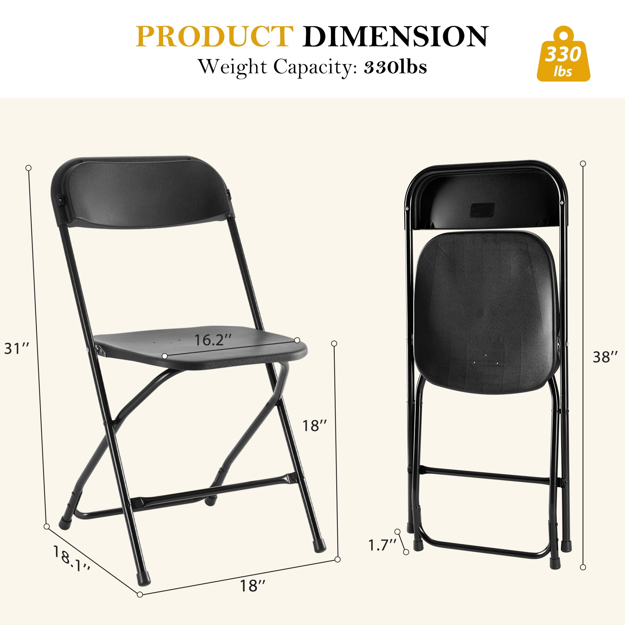 CONCETTA Plastic Folding Chair Set of 10, 330LB Load Capacity Lightweight for Indoor/Outdoor, Black
