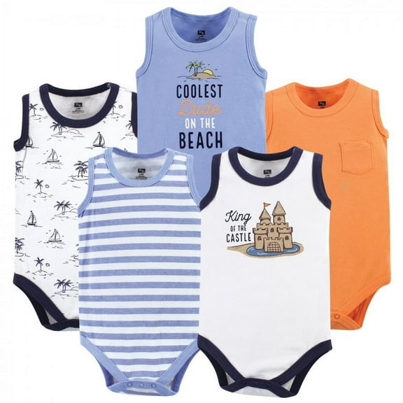 Hudson Baby Infant Boy Cotton Sleeveless Bodysuits 5pk, Sandcastle, 6-9 Months