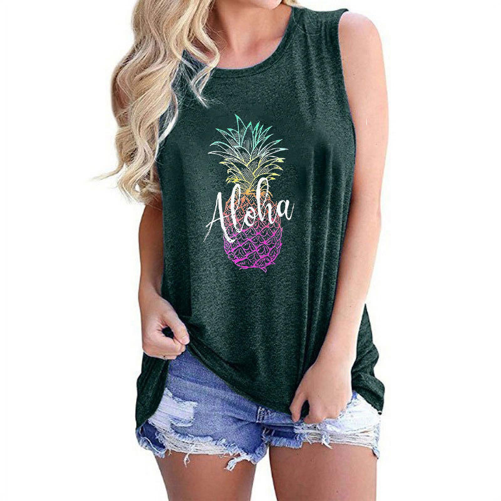 Aloha Beaches Letter Tank Top Women Pineapple Print Sleeveless T Shirt Cute Vest Summer Beach Casual Tee Shirt 