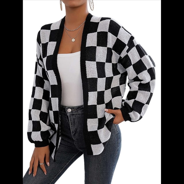 Cárdigan de Cuadros de Talla Grande para Mujer, Suéter Holgado con Estampado A Cuadros y Abertura Frontal, Prenda Exterior y Negro S