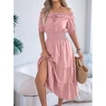 thumbnail image 5 of Women'S Summer Short Sleeves Ruffled Off Shoulder A-Line Midi Dresses Pink L, 5 of 10