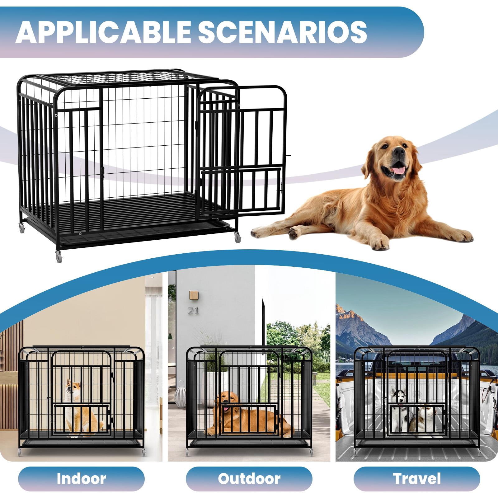 Mobile Pet Dog Cage, Black Sturdy Metal 38-inch Kennel, Reinforced Frame Design with Movable Wheels for Large Dogs Indoor Outdoor Camping