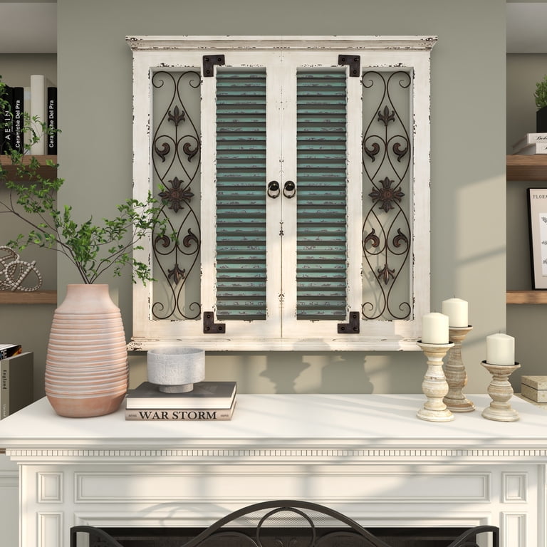 DecMode Beige Wooden Window Shutter Scroll Wall Decor with Metal