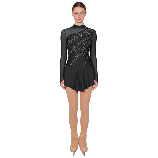 Moggemol Womens 2-Piece Rhinestone Figure Ice Skating Dress with Mesh Boot Cover Tights Set Black S