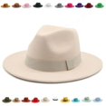 thumbnail image 2 of Sombrero Fedora de ala ancha para hombre y mujer, gorro clásico de color Beige con banda de cinta, ideal para bodas, iglesias, Invierno, 2 of 4