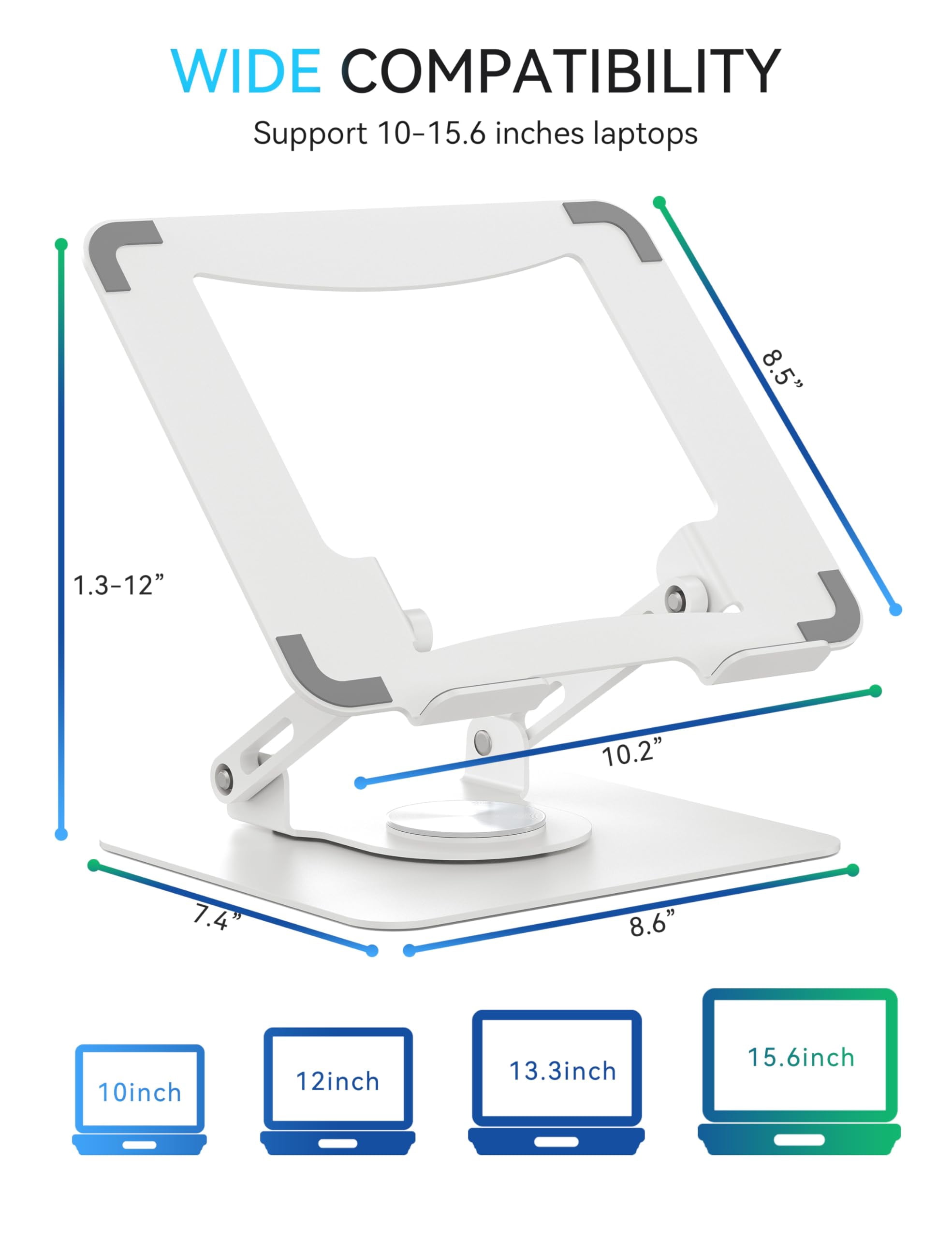 360 Rotating Laptop Stand  Computer Riser For Desk Adjustable Height Multi-angle Metal Holder Foldable Portable Notebook Elevating Base Office & Home White