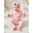 thumbnail image 5 of BemeyourBBs 2Pcs Baby My First Easter Outfit Newborn Baby Girl Easter Outfit Long Sleeve Bunny Ear Letters Carrot Print Romper and Bow Headband Set Infant Spring Clothes, 5 of 9