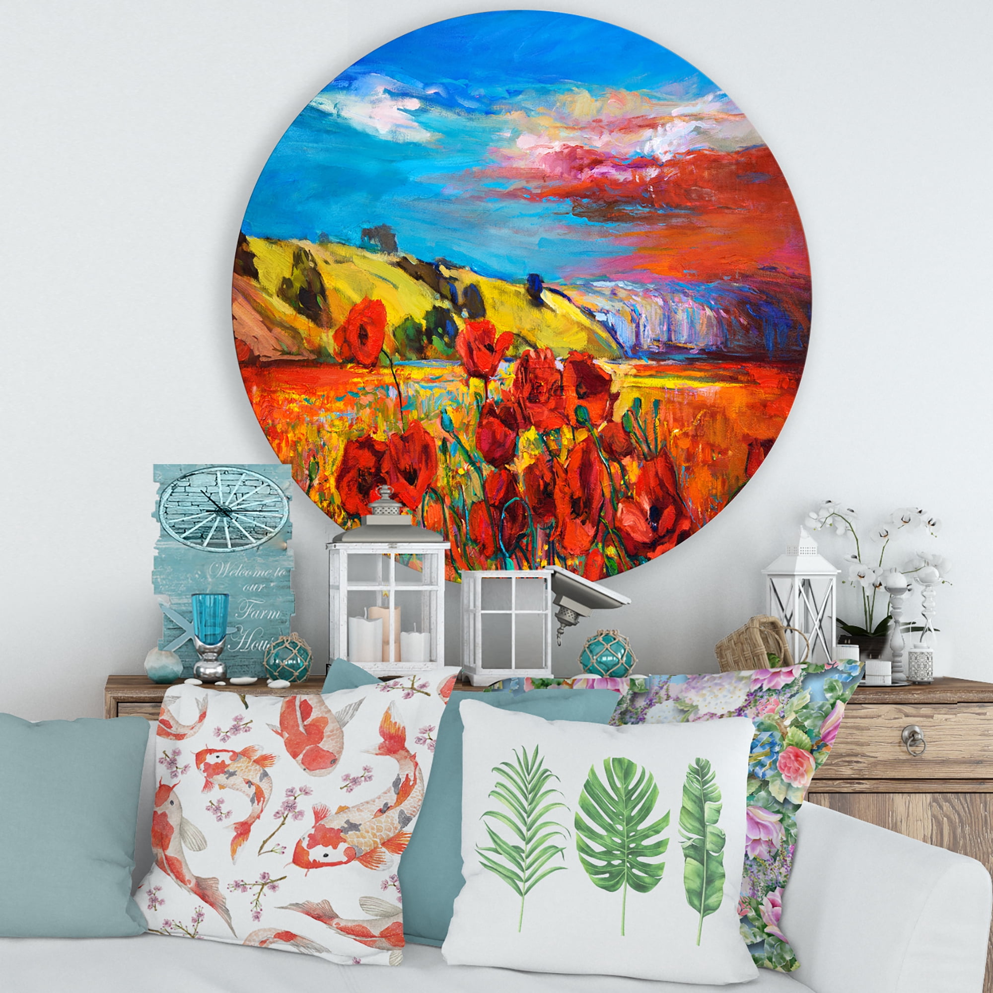 Designart 'Blossomg Red Poppies Under A Blue Sky' Traditional Circle Metal Wall Art 36x36 - Disc of 36