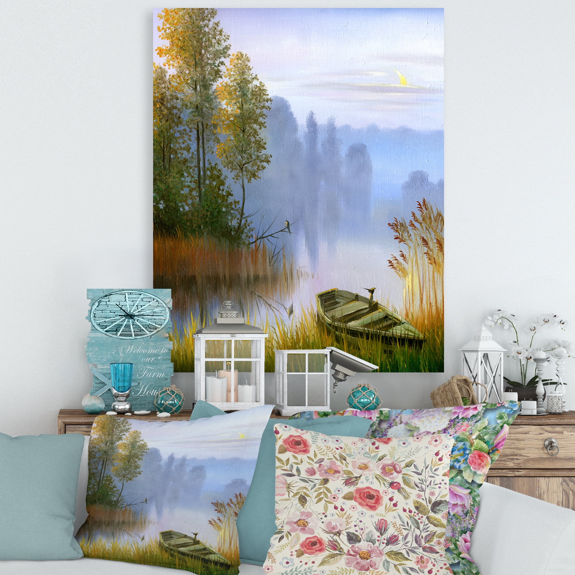 Designart ' The Bank Of The Lake With The Boat ' Traditional Canvas Wall Art Print