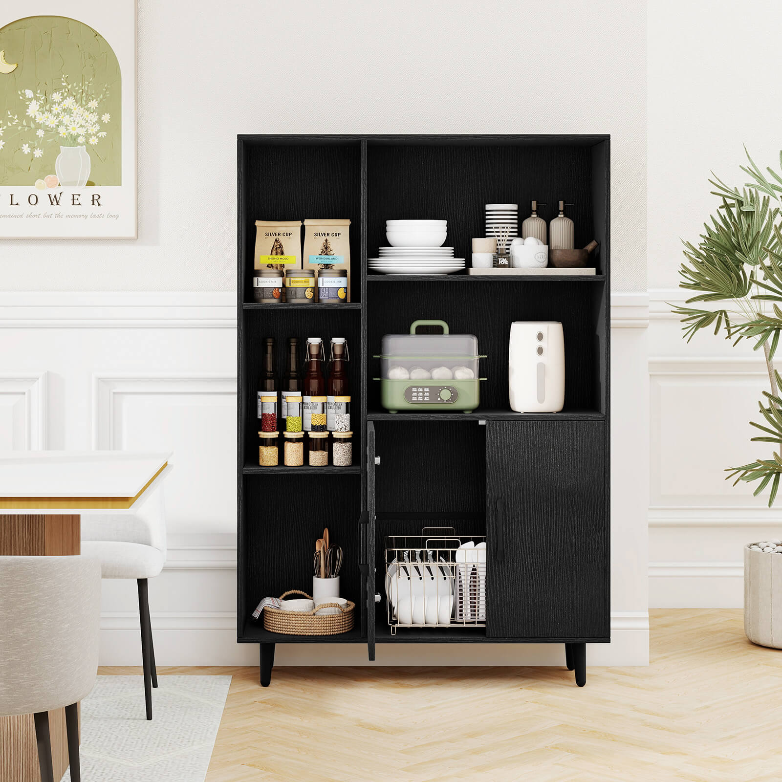 Costway Free Standing Storage Cabinet with 5 Open Shelves Double Door Cabinet Metal Legs Black
