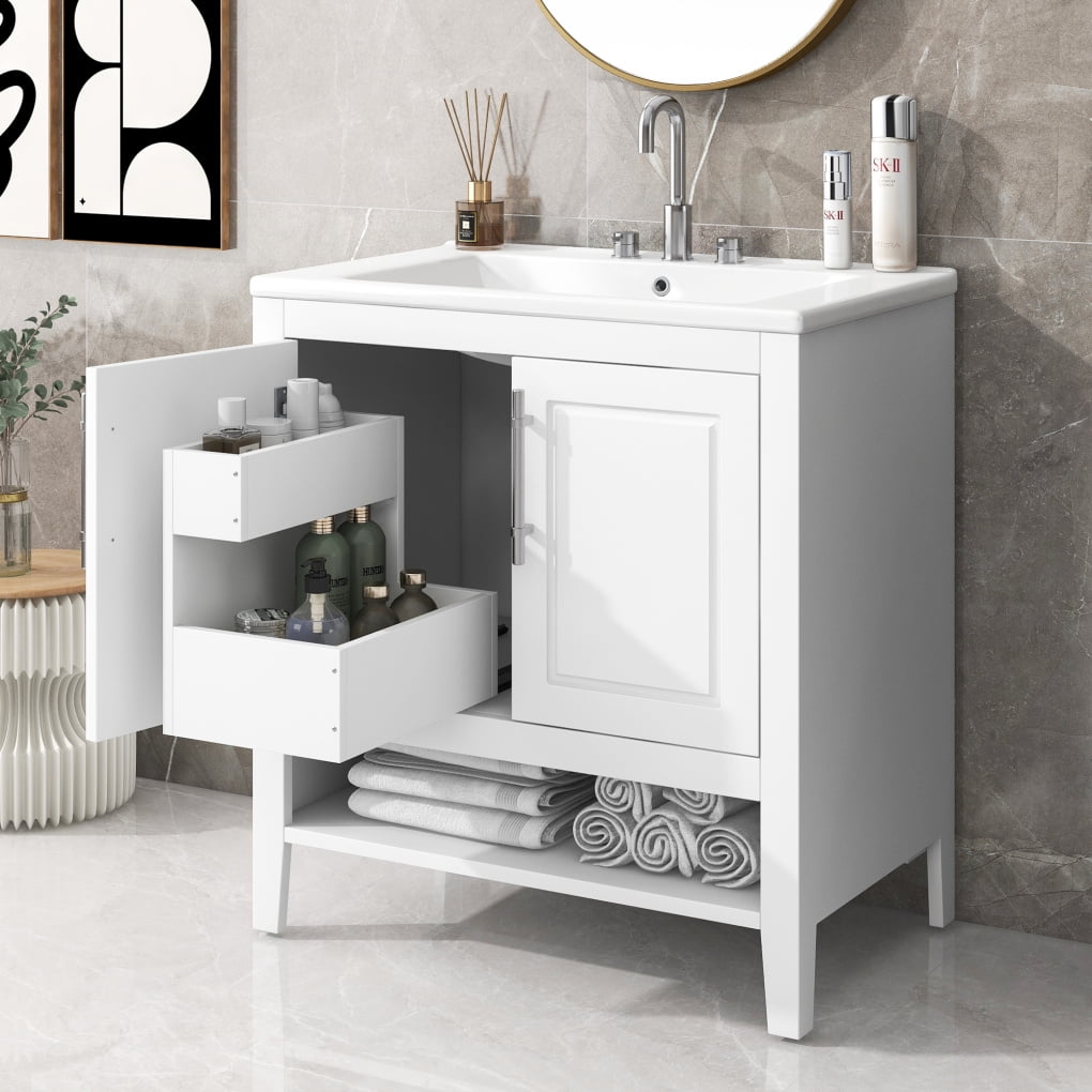 30" Modern Bathroom Vanity with Sink Top,Multi-Functional Wood Bathroom Storage Cabinet with Doors and Drawers,Wood Frame and MDF Board, Large Storage Space,White