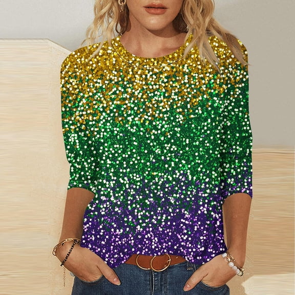 YOIAVAIOY Womens Mardi Gras T Shirt 3/4 Sleeve Funny Patricks Tops Fashion Casual Outfits Purple M