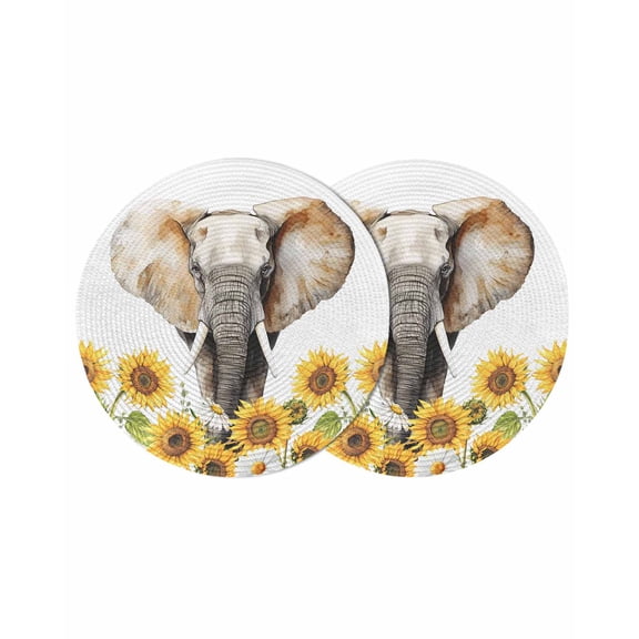 Modern Elephants Round 13 Inch Placemats Set of 2, Spring Summer Watercolor Sunflowers Daisy HeatResistant Non Slip Place Mats for Dining Table, Wipeable Braided Kitchen Table Mats for Housewarming