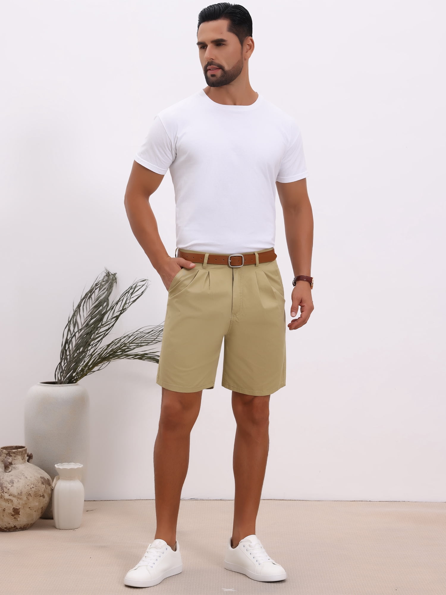 DARING DIVA Men's Above Knee Short Pants with Pockets Mid Waisted Shorts 32 Khaki