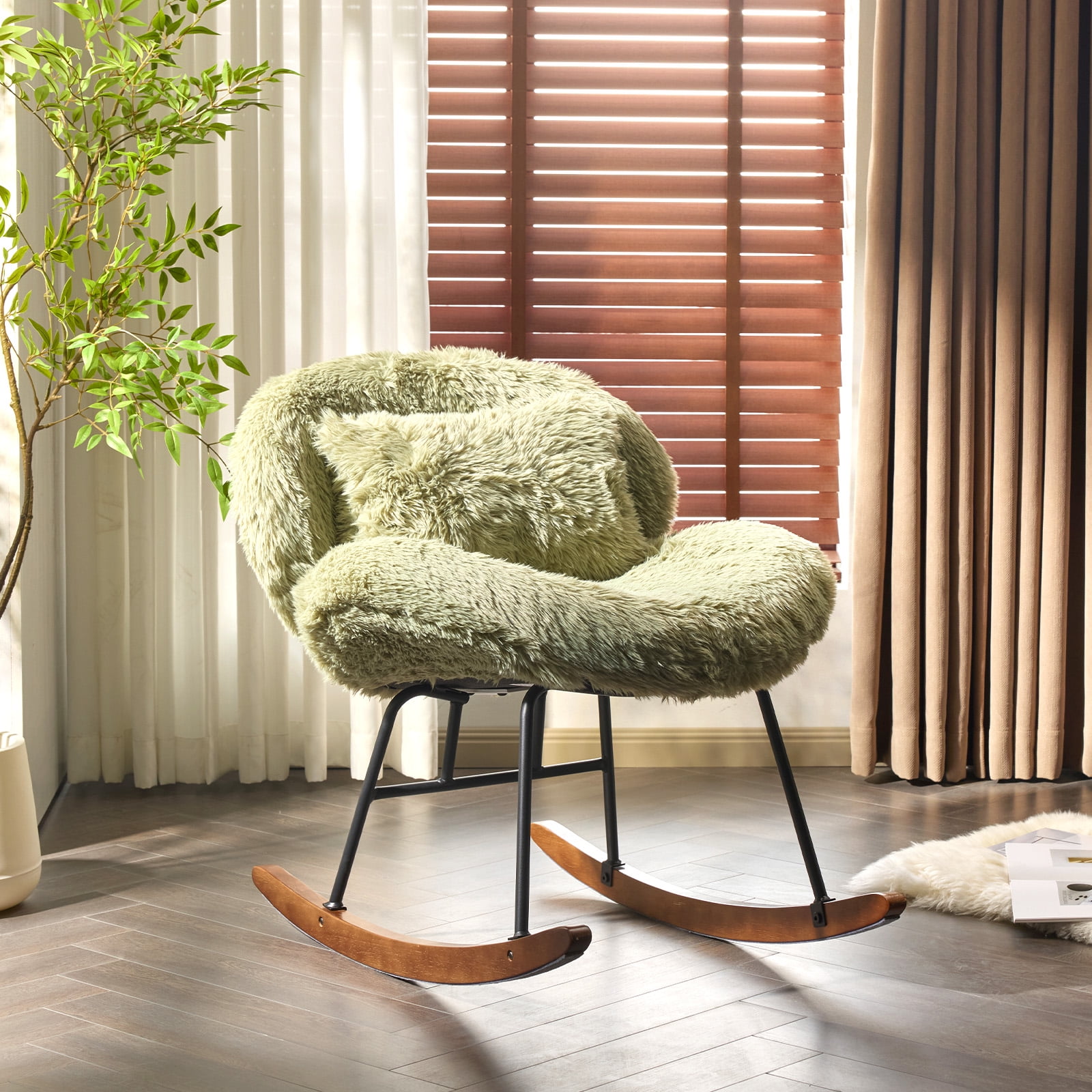 Ktaxon Rocking Accent Chair with Padded Seat, Cute Cozy Nest Style Nursery Chair, Long Pile Fabric Glider Rocker with Wooden Metal Frame Green