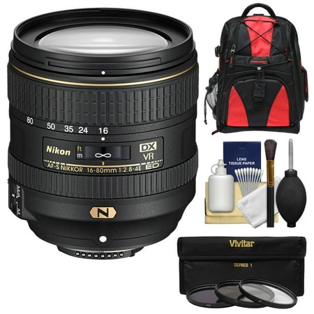 Nikon 16-80mm f/2.8-4E VR DX AF-S ED Zoom-Nikkor Lens with 3 UV/CPL/ND8 Filters + Backpack + Kit for D3200, D3300, D5300, D5500, D7100, D7200