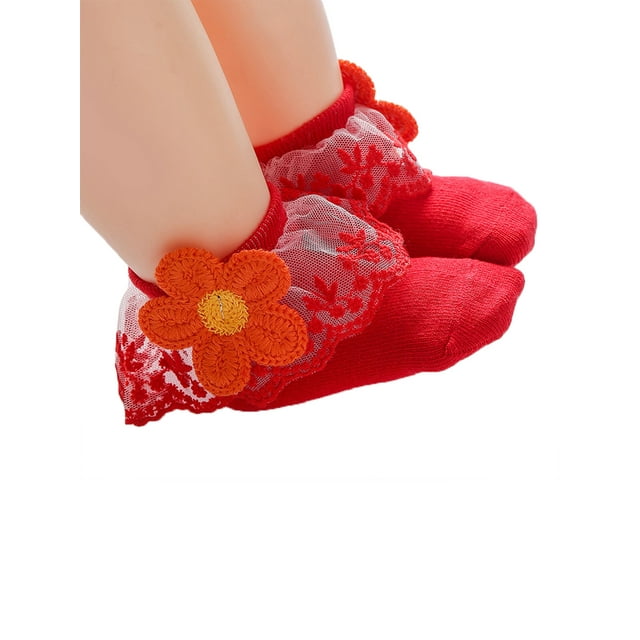 Infant Baby Girls Ruffle Socks, Sweet Eyelet Frilly Lace Princess Ankle Socks with Sunflower Applique