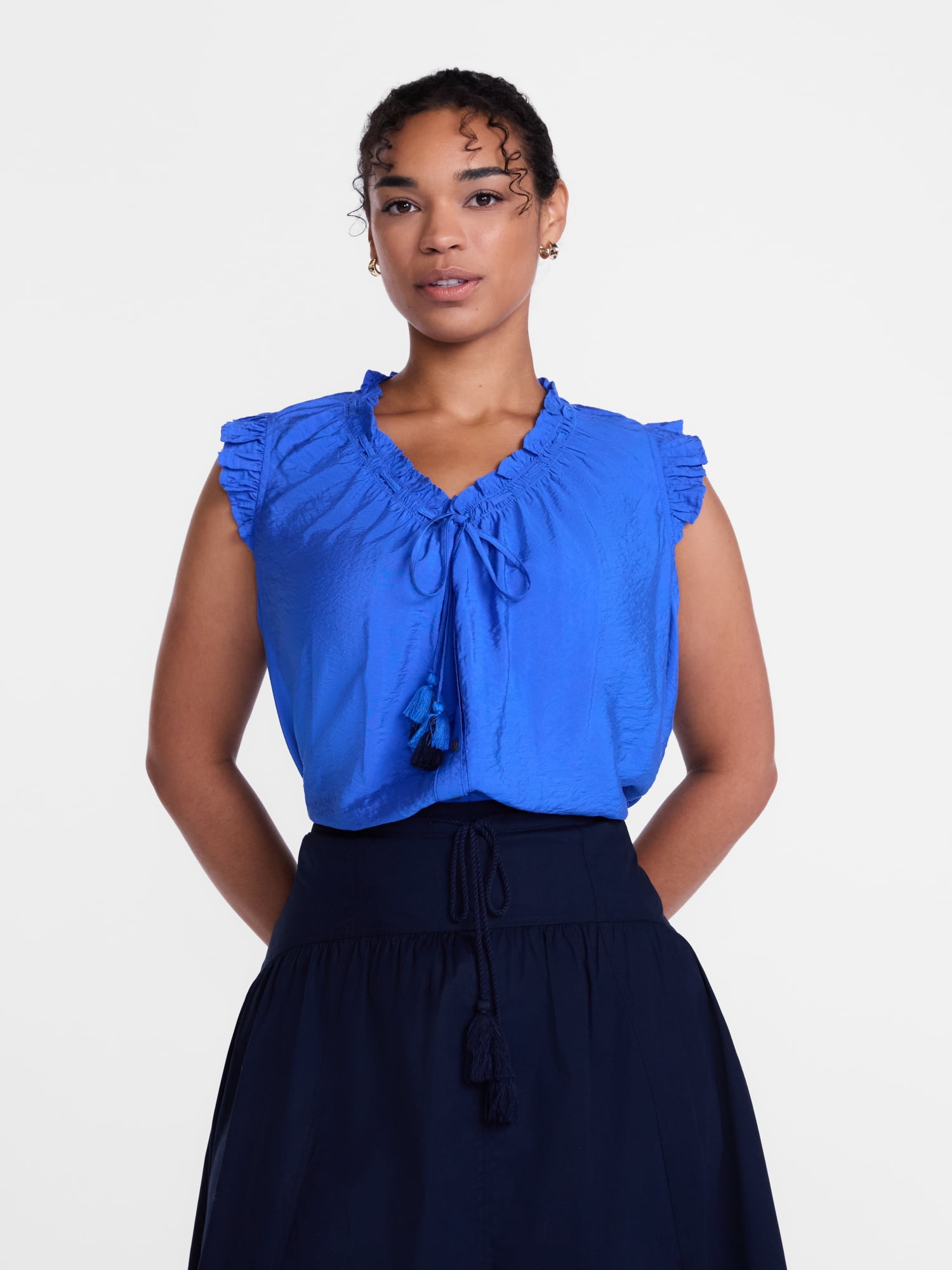 Scenario Women's and Women's Plus Ruffle Neck Tank Top with Tie Front, Sizes XS-4X