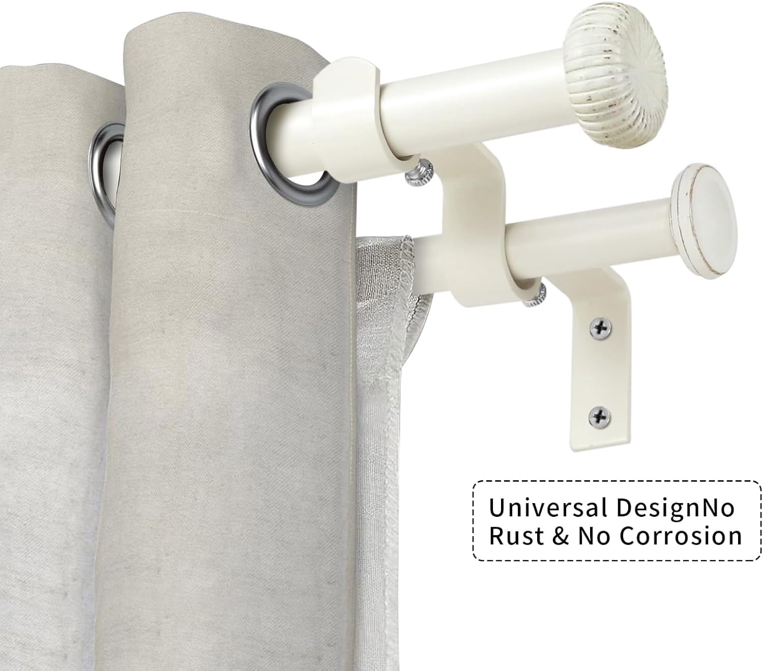 eTeckram 5/8" Double Curtain Rod with Adette Finials,Weathered White,28‘’-48‘’