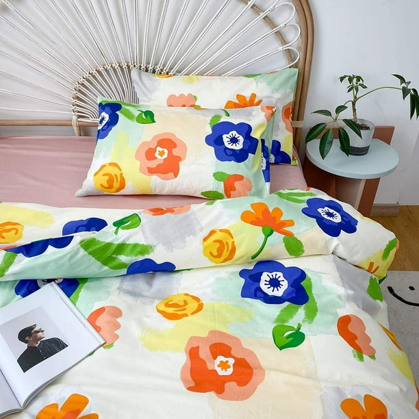 Kids Duvet Covers Rainbow Floral Fancy Girls Bedding Twin Size 100 Cotton Bed Set for Toddler Girl Cartoon Nature Theme Cozy Home Bedding Sets