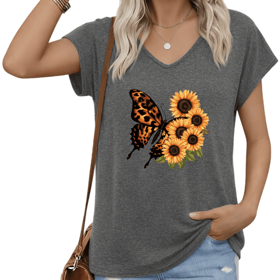 UNISHE Women Leopard Butterfly V Neck Short Sleeve T Shirt Sunflower Graphic Casual Loose Fit Plus Size Tee S-5XL