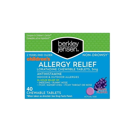 Berkley Jensen Children's Allergy Relief and Loratadine Chewable Tablets with Grape Flavored, 5mg, 40 Count Box