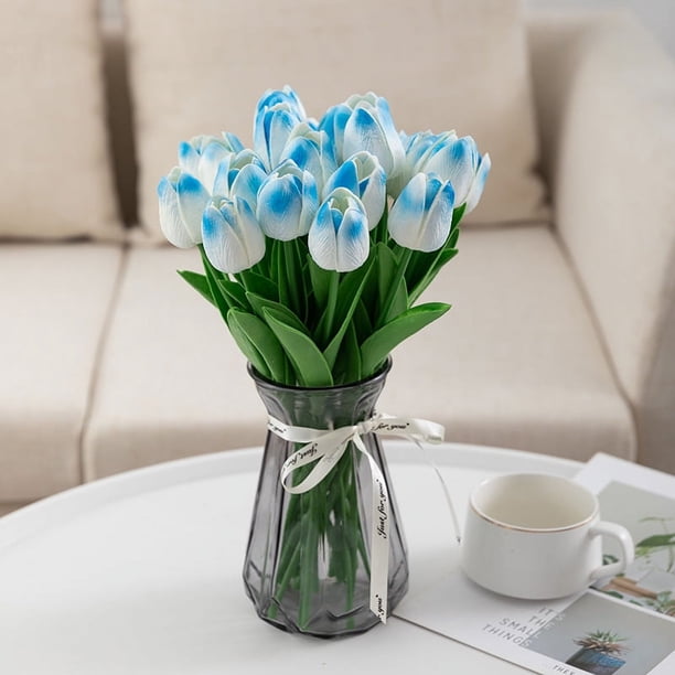 XmhyTop Tulipán artificial de seda de 20 unidades, flores blancas falsas de 13,5 pulgadas, regalo para el día de la madre, Pascua,decoración para el hogar, la cocina y la boda (azul claro)