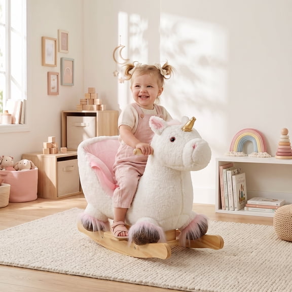 Qaba Unicorn Baby Rocking Horse, Kids Ride on Toy with Realistic Sound, Seat Belt, Plush Animal Rocker for Toddlers 12-36 Months, White