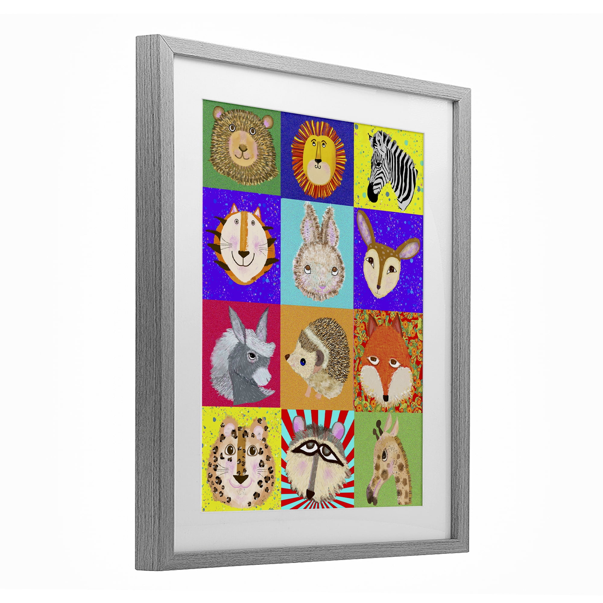 Furry Faces Animals Gray Framed Print Under Glass, design by Lynnda Rakos