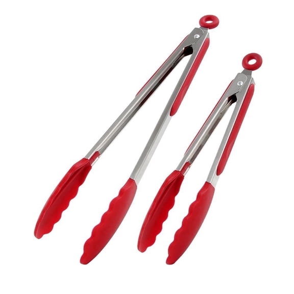 GYDEK Kitchen Tongs 2Packs 9" & 12" Non-Slip Stainless Steel Handle Smart Lock Clip Red