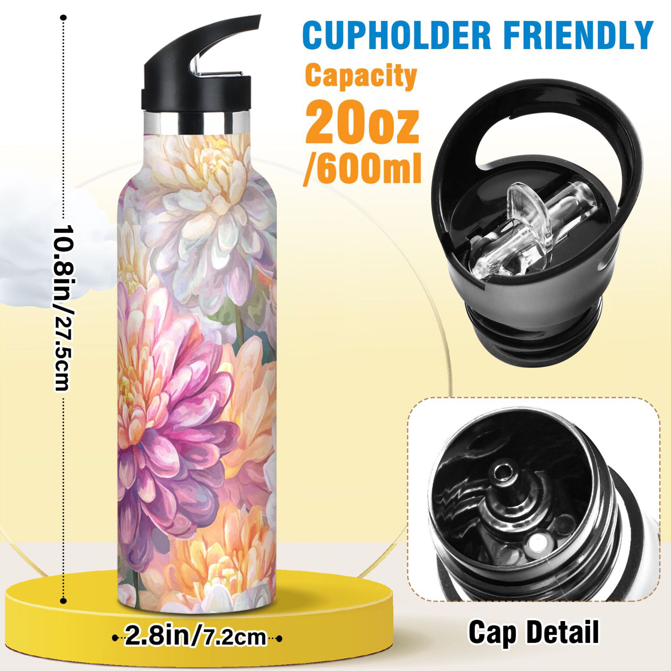 600ML Stainless Steel Insulated Cup Sports Water Bottle Portable Thermos Cup Water Glasses Insulated Tumblers Convenient and Durable Pink Chrysanthemum