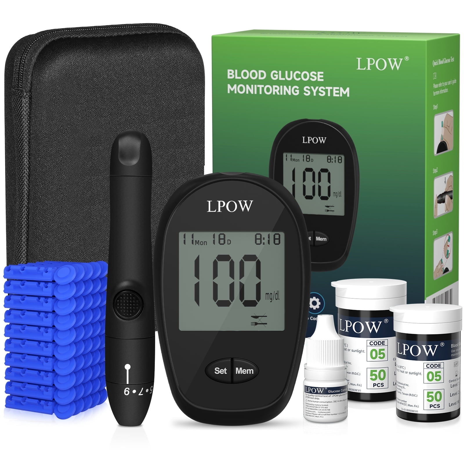 LPOW Blood Glucose Monitor Kit, 100 Glucometer Strips, 100 Lancets, 1 Blood Sugar Monitor, 1 Control Solution, Lancing Device and Carrying Bag
