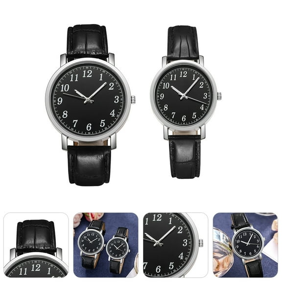 KALLORY 2Pcs Leather Couple Watch Round Black Glass Alloy Durable Precise Movement for Business and Leisure