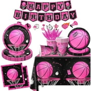 Basketball Party Decorations, 142Pcs Pink Basketball Birthday Party Decorations Tableware Include Plates and Napkins,Cups,Banner,Tablecloth for Girls Boys Sports Theme Birthday Party Supplies