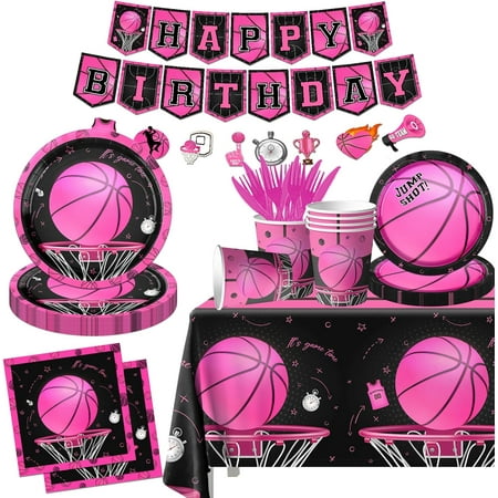 Basketball Party Decorations, 142Pcs Pink Basketball Birthday Party Decorations Tableware Include Plates and Napkins,Cups,Banner,Tablecloth for Girls Boys Sports Theme Birthday Party Supplies